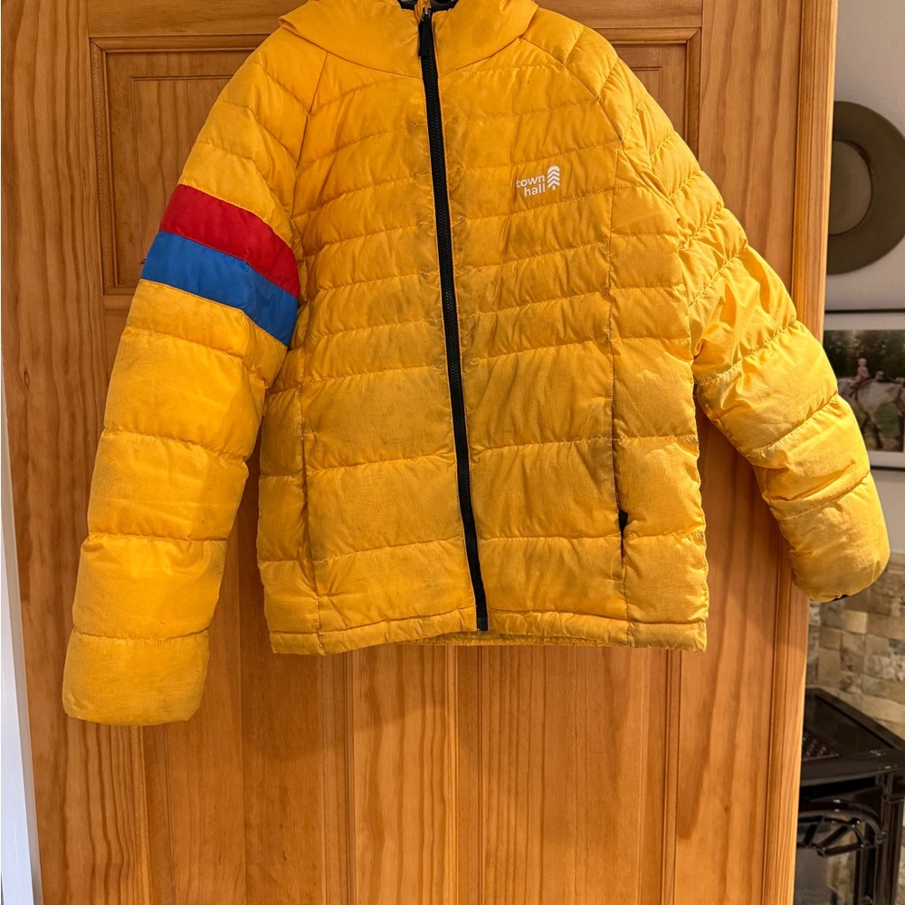Kids Yellow Puffer Jacket with Red and Blue Accents